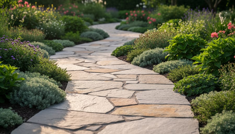 Flagstone garden pathway with irregular stones winding through flowering perennial beds