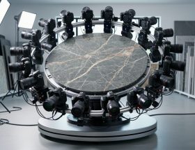 Circular array of DSLR cameras forming a photogrammetry rig around a veined natural stone slab on a motorized turntable in a studio, side-lit to highlight texture, with workshop equipment softly blurred in the background.