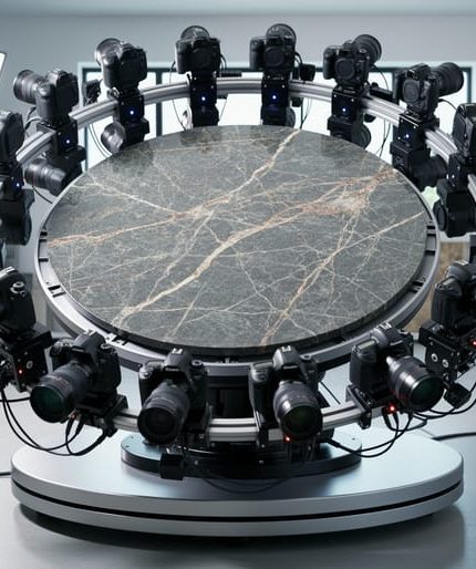 Circular array of DSLR cameras forming a photogrammetry rig around a veined natural stone slab on a motorized turntable in a studio, side-lit to highlight texture, with workshop equipment softly blurred in the background.