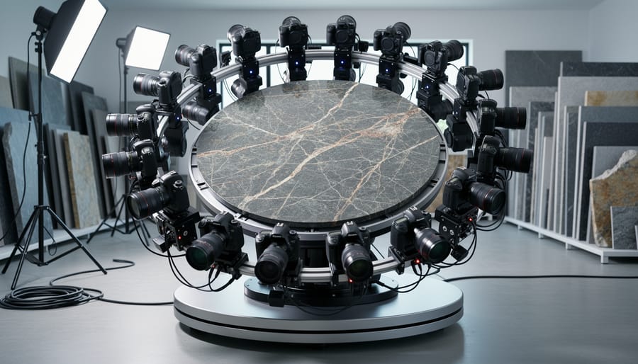 Circular array of DSLR cameras forming a photogrammetry rig around a veined natural stone slab on a motorized turntable in a studio, side-lit to highlight texture, with workshop equipment softly blurred in the background.