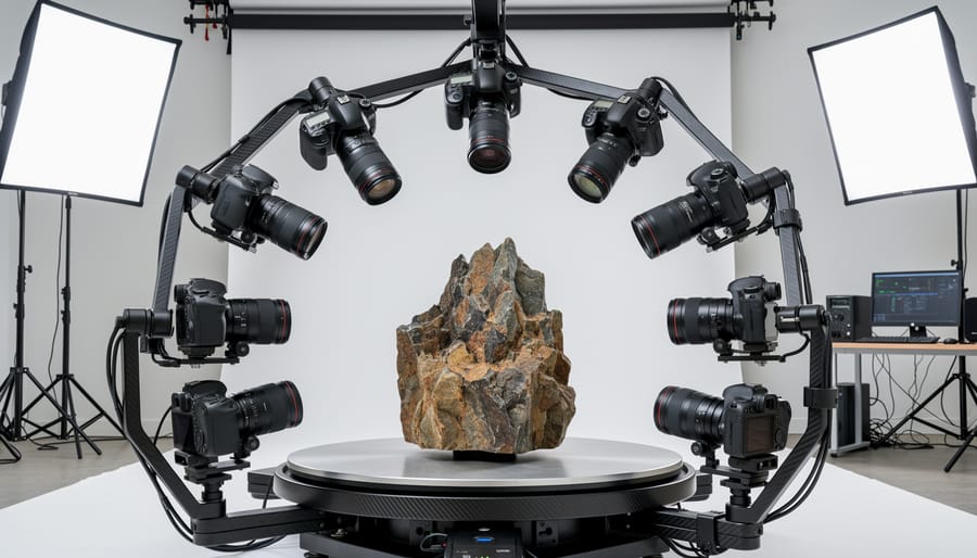 Multi-camera photogrammetry rig system with cameras surrounding a marble slab on a turntable