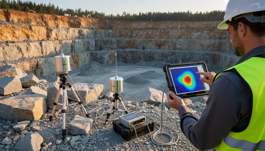 Quantum gravity sensor device positioned on granite stone in quarry environment