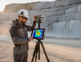 Field geophysicist in PPE surveying a marble quarry with a compact quantum gravity sensor on a tripod; warm side lighting, layered stone walls and access road behind; rugged tablet shows an unlabeled color density visualization; no visible text or logos.
