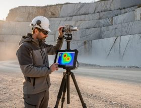 Field geophysicist in PPE surveying a marble quarry with a compact quantum gravity sensor on a tripod; warm side lighting, layered stone walls and access road behind; rugged tablet shows an unlabeled color density visualization; no visible text or logos.