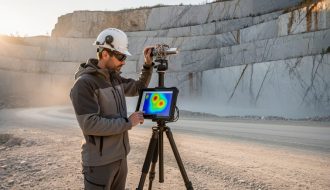 Field geophysicist in PPE surveying a marble quarry with a compact quantum gravity sensor on a tripod; warm side lighting, layered stone walls and access road behind; rugged tablet shows an unlabeled color density visualization; no visible text or logos.