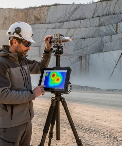 Field geophysicist in PPE surveying a marble quarry with a compact quantum gravity sensor on a tripod; warm side lighting, layered stone walls and access road behind; rugged tablet shows an unlabeled color density visualization; no visible text or logos.