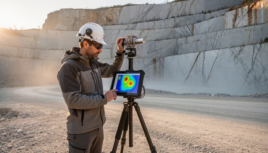 Field geophysicist in PPE surveying a marble quarry with a compact quantum gravity sensor on a tripod; warm side lighting, layered stone walls and access road behind; rugged tablet shows an unlabeled color density visualization; no visible text or logos.