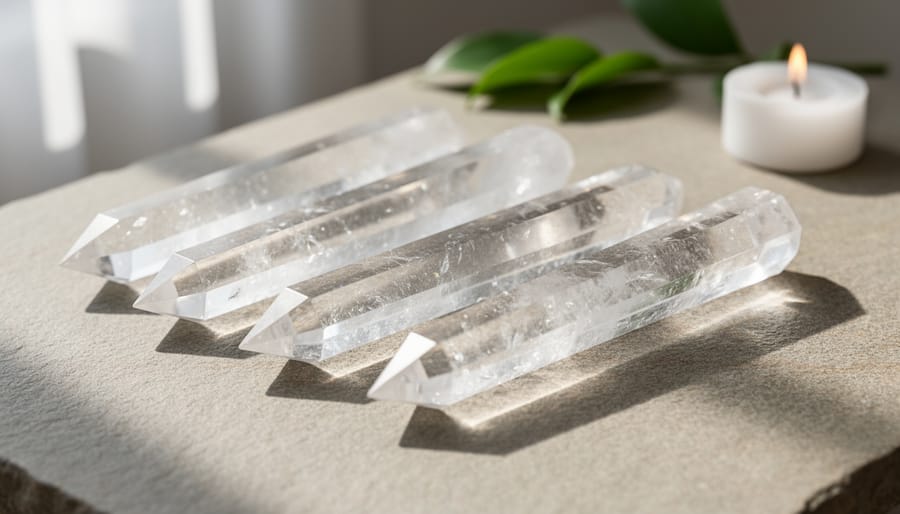 Polished clear quartz crystal ceremonial wand displayed on velvet cloth