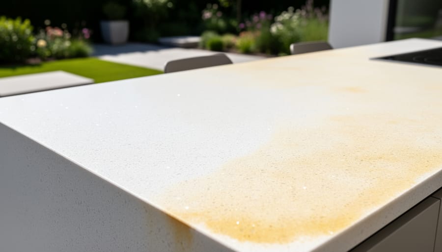 Close-up of yellowed and discolored quartz countertop showing UV damage from outdoor sun exposure