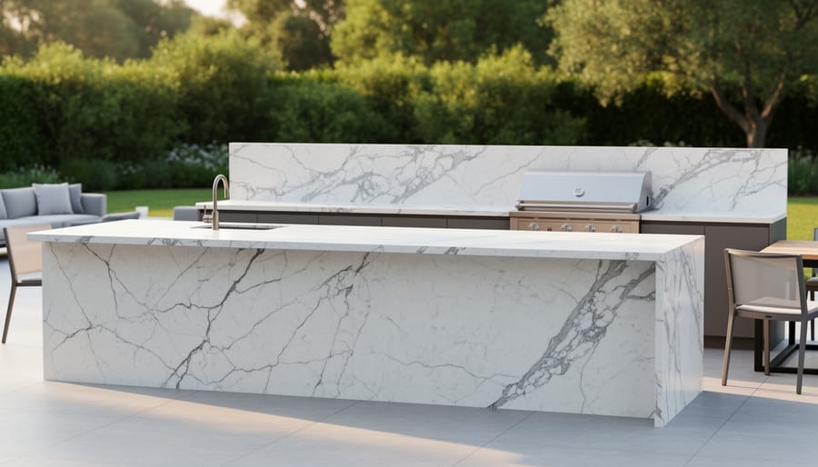 White quartzite outdoor countertop with natural veining in coastal outdoor setting