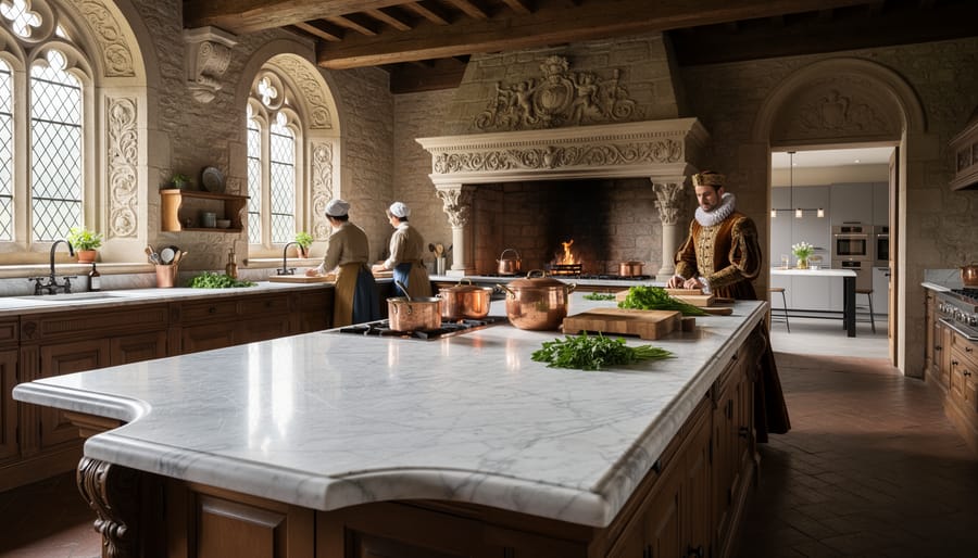 Historic European estate kitchen with white Carrara marble countertops and traditional cabinetry