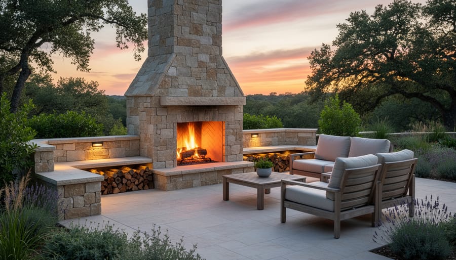 Outdoor fireplace with natural sandstone accent wall surround on covered patio
