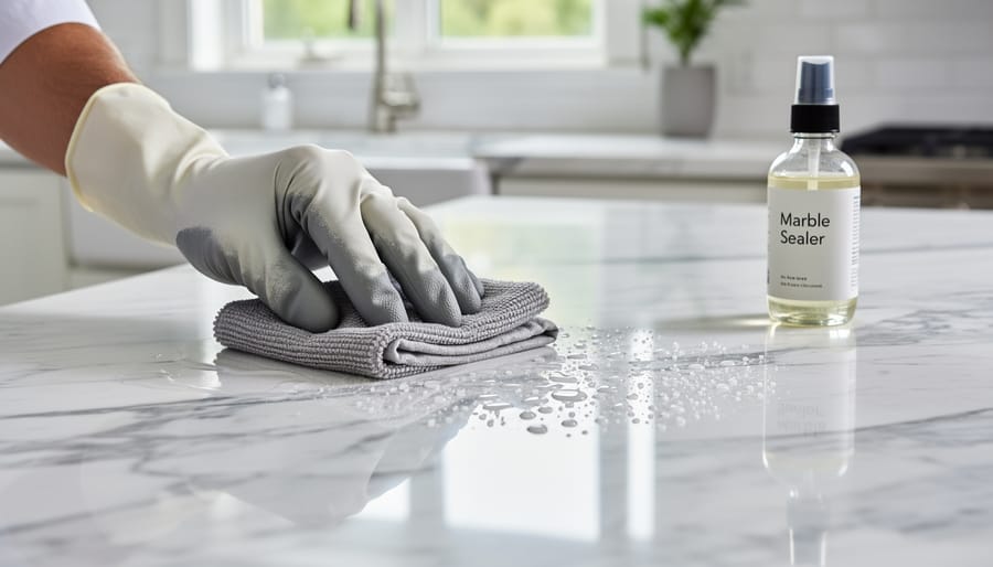Person applying protective sealer to marble countertop with microfiber cloth