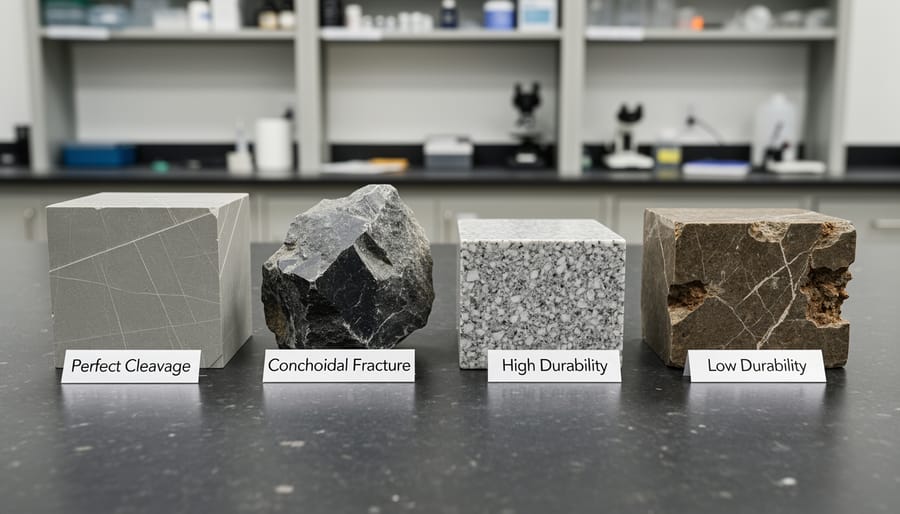 Three natural stone samples displaying various cleavage and fracture patterns
