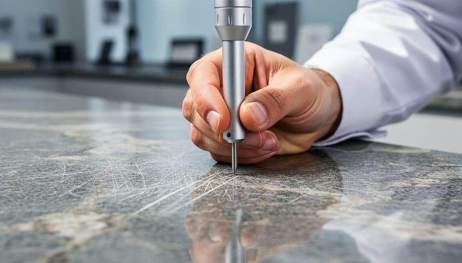 Close-up of hardness test being performed on polished stone surface with metal tool