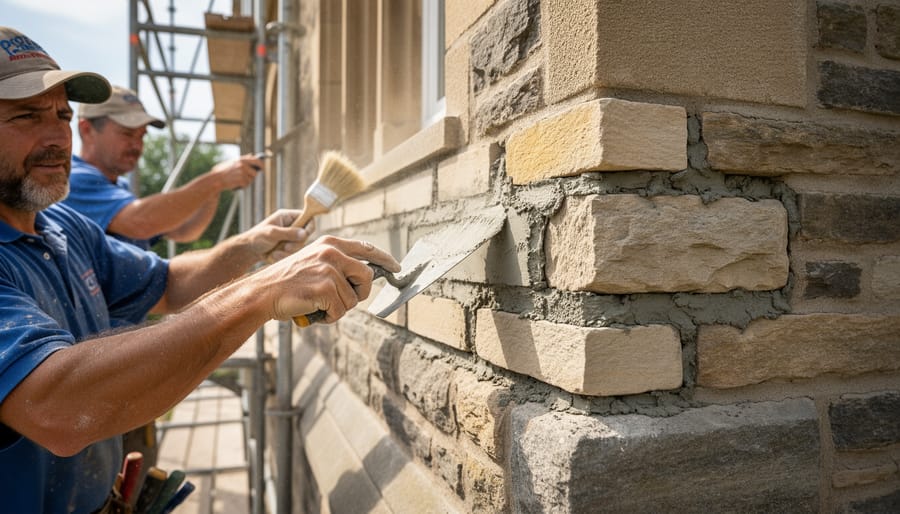Mason's hands repointing historic limestone masonry with traditional tools and fresh mortar
