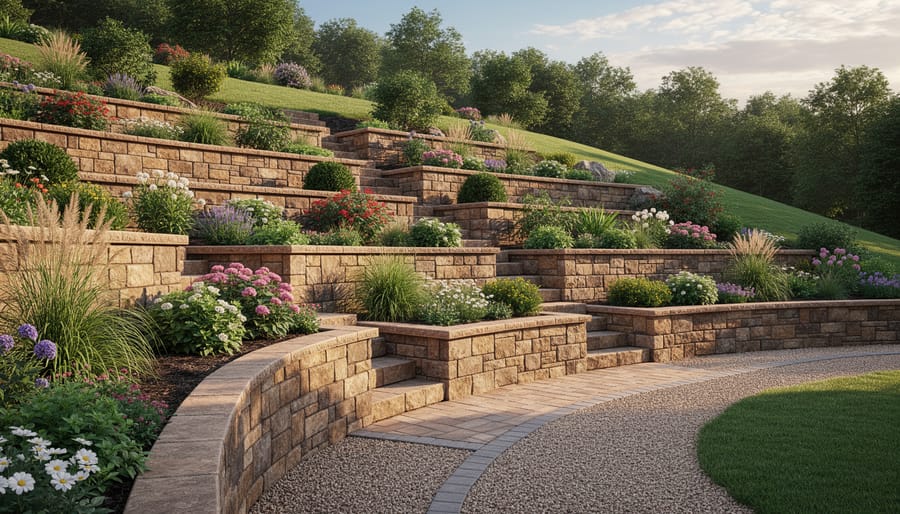 Multi-level stone retaining walls creating terraced garden beds on hillside
