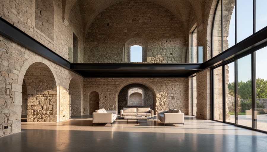 Industrial loft interior showing exposed stone walls with modern steel and glass architectural additions
