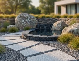 Layered natural stone garden with granite stepping-stone path, dry-stacked fieldstone retaining wall, weathered boulders, pea-gravel ground cover, and a small slate-edged water feature, with native grasses and trees softly blurred in the background at golden hour.