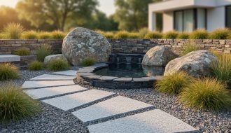 Layered natural stone garden with granite stepping-stone path, dry-stacked fieldstone retaining wall, weathered boulders, pea-gravel ground cover, and a small slate-edged water feature, with native grasses and trees softly blurred in the background at golden hour.