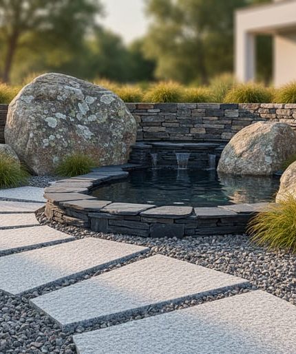 Layered natural stone garden with granite stepping-stone path, dry-stacked fieldstone retaining wall, weathered boulders, pea-gravel ground cover, and a small slate-edged water feature, with native grasses and trees softly blurred in the background at golden hour.