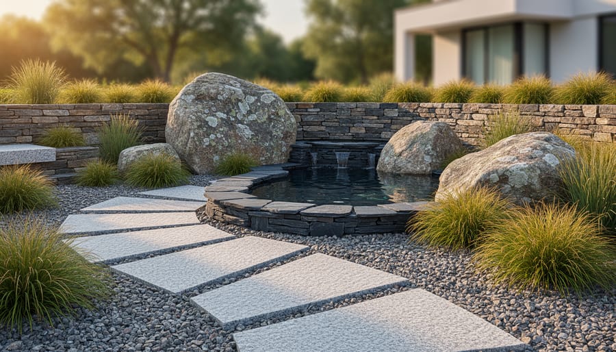 Layered natural stone garden with granite stepping-stone path, dry-stacked fieldstone retaining wall, weathered boulders, pea-gravel ground cover, and a small slate-edged water feature, with native grasses and trees softly blurred in the background at golden hour.