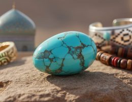 Close-up of a polished blue-green turquoise gemstone on weathered sandstone under soft daylight; background shows blurred hints of a Persian tiled dome, Egyptian gold pattern, a Navajo silver cuff, and Tibetan prayer beads.