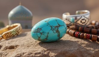 Close-up of a polished blue-green turquoise gemstone on weathered sandstone under soft daylight; background shows blurred hints of a Persian tiled dome, Egyptian gold pattern, a Navajo silver cuff, and Tibetan prayer beads.