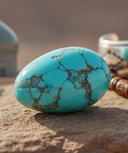 Close-up of a polished blue-green turquoise gemstone on weathered sandstone under soft daylight; background shows blurred hints of a Persian tiled dome, Egyptian gold pattern, a Navajo silver cuff, and Tibetan prayer beads.