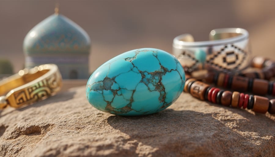Close-up of a polished blue-green turquoise gemstone on weathered sandstone under soft daylight; background shows blurred hints of a Persian tiled dome, Egyptian gold pattern, a Navajo silver cuff, and Tibetan prayer beads.