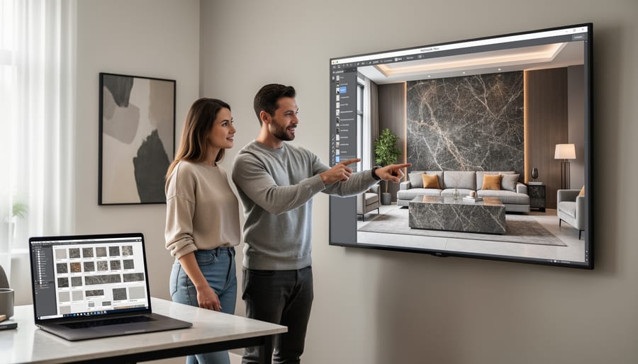Architect and client reviewing 3D stone model on touchscreen display in design studio