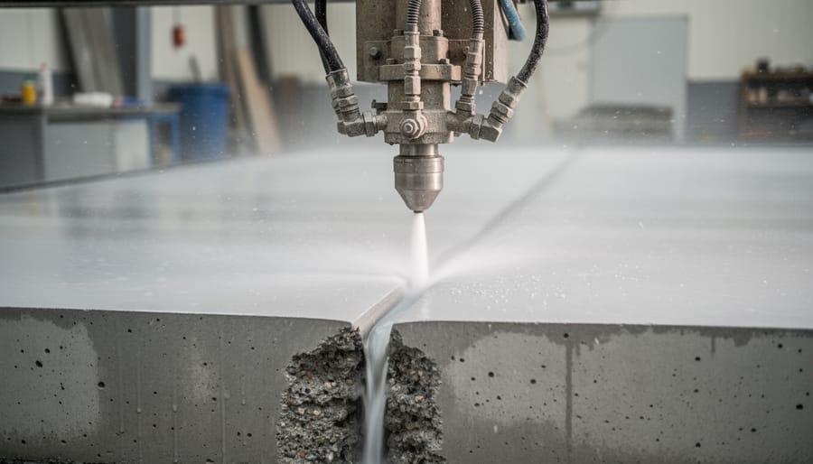 Close-up of waterjet cutting through concrete slab showing precise cut line