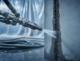 Close-up of a waterjet cutting nozzle eroding a reinforced concrete wall, water plume and mist visible, exposed rebar in the cut, with blurred plastic sheeting, hoses, and wet construction floor in the background.