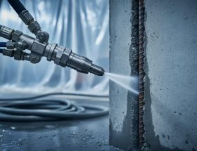 Close-up of a waterjet cutting nozzle eroding a reinforced concrete wall, water plume and mist visible, exposed rebar in the cut, with blurred plastic sheeting, hoses, and wet construction floor in the background.