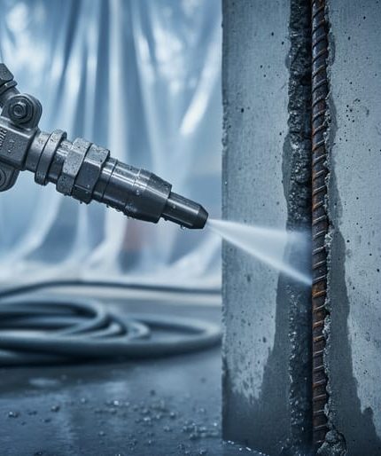 Close-up of a waterjet cutting nozzle eroding a reinforced concrete wall, water plume and mist visible, exposed rebar in the cut, with blurred plastic sheeting, hoses, and wet construction floor in the background.