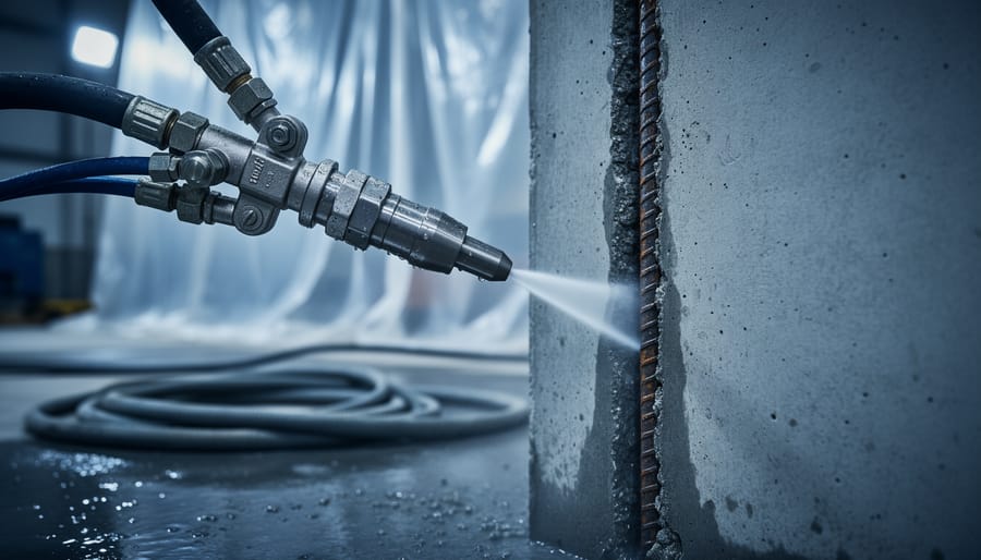 Close-up of a waterjet cutting nozzle eroding a reinforced concrete wall, water plume and mist visible, exposed rebar in the cut, with blurred plastic sheeting, hoses, and wet construction floor in the background.