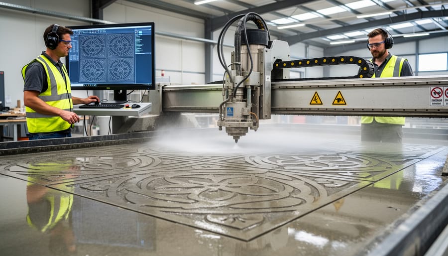 Operator working with waterjet cutting machine on decorative concrete floor pattern