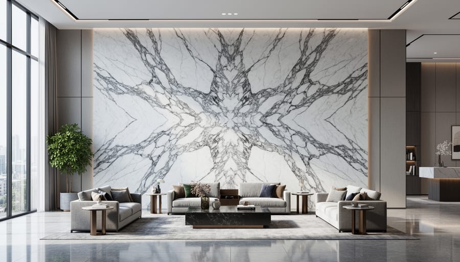 Book-matched marble feature wall with dramatic symmetrical veining in commercial lobby