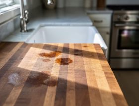Close-up of a butcher block countertop near a sink with visible water rings and light scratches, with a softly blurred marble island and stainless range in the background.