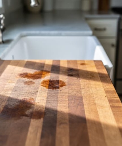 Close-up of a butcher block countertop near a sink with visible water rings and light scratches, with a softly blurred marble island and stainless range in the background.