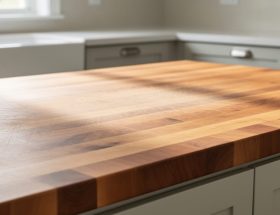 Close-up of a honey-brown butcher block countertop with visible wood grain in a bright modern kitchen, with the sink area softly blurred in the background.