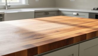 Close-up of a honey-brown butcher block countertop with visible wood grain in a bright modern kitchen, with the sink area softly blurred in the background.