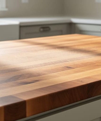 Close-up of a honey-brown butcher block countertop with visible wood grain in a bright modern kitchen, with the sink area softly blurred in the background.