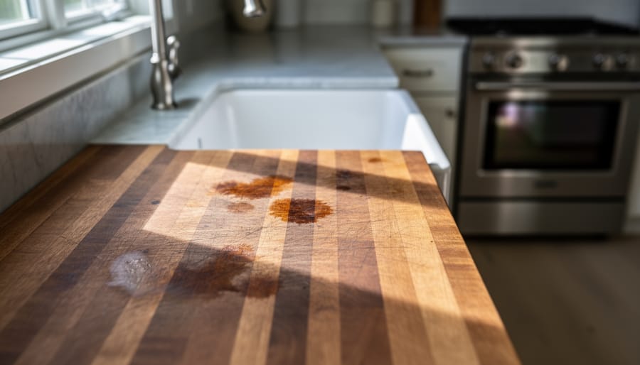 Close-up of a butcher block countertop near a sink with visible water rings and light scratches, with a softly blurred marble island and stainless range in the background.
