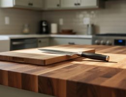 Butcher block countertop in a bright kitchen with visible wood grain, a chef’s knife, and a cutting board on the surface.