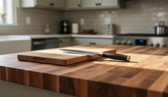 Butcher block countertop in a bright kitchen with visible wood grain, a chef’s knife, and a cutting board on the surface.