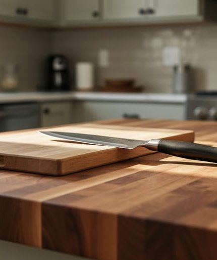 Butcher block countertop in a bright kitchen with visible wood grain, a chef’s knife, and a cutting board on the surface.
