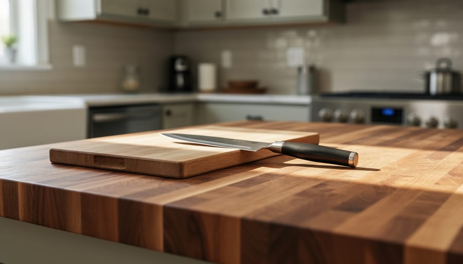 Butcher block countertop in a bright kitchen with visible wood grain, a chef’s knife, and a cutting board on the surface.