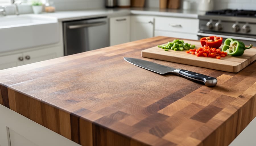 Top-down view of hands chopping food on a butcher block countertop with visible wood texture and knife marks