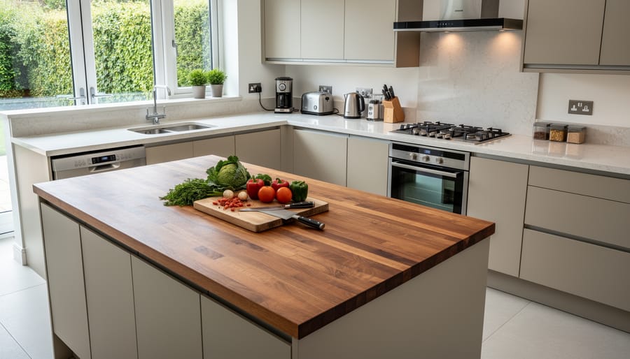Modern kitchen featuring butcher block island surrounded by natural stone perimeter countertops